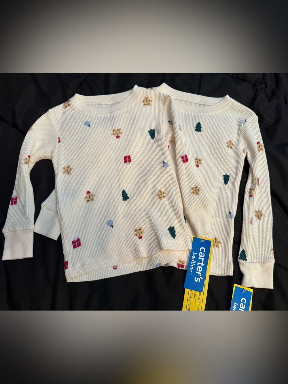 TWO NWT Carter's Cream Long-Sleeve Thermal Tops with Holiday Icons